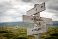 a global crisis text on wooden signpost outdoors in nature.