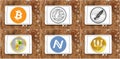 Global cryptocurrency icons like bitcoin