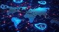 Global cyber security network protecting world map with digital shield icons