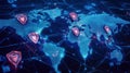 Global cyber security system protecting world map with digital shields