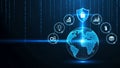 Global Cybersecurity Digital Data Protection Network Concept with Secure Shield Icon on Blue Background Royalty Free Stock Photo