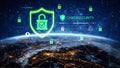 Global Cybersecurity Network Concept with Shield, Lock Symbols and Data Protection Graphics Over Earth View at Night Royalty Free Stock Photo