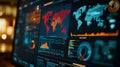 Global data analysis on monitor screen showing statistics and maps