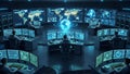 Global data center operations room with multiple screens displaying maps and data control room technology Royalty Free Stock Photo