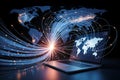 Global data flows through laptop onto world map display in modern digital render Royalty Free Stock Photo