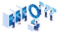 Global data management and cloud computing professionals analyzing metrics in an isometric server room environment. Royalty Free Stock Photo