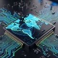 Global data network on microchip, interconnected world map displayed on surface Royalty Free Stock Photo