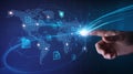 Global Data Network Security: Hand Interacting with Digital World Map & Information Streams Royalty Free Stock Photo
