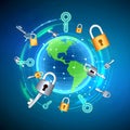 Global data security concept with keys and locks around the world Royalty Free Stock Photo