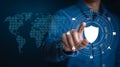 Global Data Security & Cyber Protection: Hand Activating Digital Shield Interface Royalty Free Stock Photo