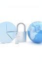 Global data security illustrated with padlock, pie chart, and globe elements Royalty Free Stock Photo