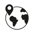 Global Delivery Service Pictogram. Planet Earth with Location Pin Solid Sign. Worldwide Delivery Symbol. International