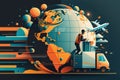 Global Delivery stylized illustration of a courier delivering packages across the world, with the planet depicted in the