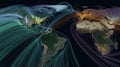 Global Digital Connectivity Visualization with Colorful Data Flow Lines Linking Major Cities Across Continents on a Royalty Free Stock Photo