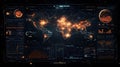 Global digital interface highlighting network traffic patterns and data analytics with illuminated world map and graphical charts Royalty Free Stock Photo