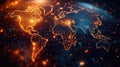 Global digital map shows interconnected countries with glowing points representing global communications, data flow. World map Royalty Free Stock Photo