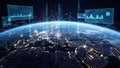 Global digital network connecting cities across continents with data visualizations and glowing lines Keywords Royalty Free Stock Photo