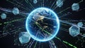 Global Digital Network Connecting Earth with Abstract Geometric Data Cubes and Glowing Lines Representing Data Flow Royalty Free Stock Photo