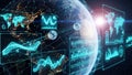 Global digital network connecting Earth with glowing blue data charts and binary code interfaces Royalty Free Stock Photo