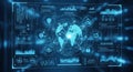 Global digital network data flow futuristic technology abstract with earth and hud elements Royalty Free Stock Photo