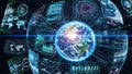 Global Digital Network Futuristic Interface with Earth Globe and Data Visualizations in Blue and Teal Tones Royalty Free Stock Photo