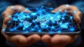 Global Digital Network in Hands: Holographic World Map of Connectivity Royalty Free Stock Photo