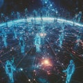 Global digital network: holographic figures connected across planetary surface