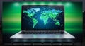 Global Digital Network on Laptop Screen, Worldwide Connectivity and Data Technology Concept Royalty Free Stock Photo