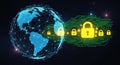 Global digital security network with cyber lock icons representing data protection Royalty Free Stock Photo