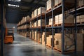 Global distribution 3D render warehouse with shelves full of stowed merchandise Royalty Free Stock Photo