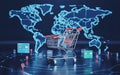 Global e-commerce and online shopping concept with shopping cart over world map network. Royalty Free Stock Photo
