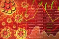 Global economic investment on stock market index down panic because of Coronavirus Covid-19 with graph chart candlesticks and red