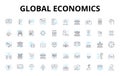 Global economics linear icons set. Trade, Exchange, Growth, Recession, Inflation, Deflation, Market vector symbols and