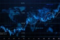 Global economy and forex exchange concept with digital growing candlestick and financial indicators on dark blue background with Royalty Free Stock Photo