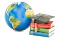 Global education concept, Earth with books and graduate cap. 3D Royalty Free Stock Photo