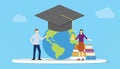 Global education concept with people and globe with graduation hat modern flat style
