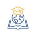 Global education icon. Learning, knowledge, graduation, worldwide studies, scholarship. Vector thin line illustration. Editable Royalty Free Stock Photo