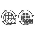 Global exchange line and solid icon. Globe with dollar banknote and arrows symbol, outline style pictogram on white Royalty Free Stock Photo