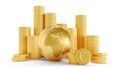 Global finance industry concept, Golden globe with stack of gold coins. Royalty Free Stock Photo