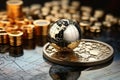 Global finance represented by coins, banknotes, and a globe on statistics Royalty Free Stock Photo