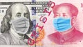 Global financial crisis of the American and Chinese economies. Banknotes of 100 American dollars and 100 Chinese yuan with the ti Royalty Free Stock Photo