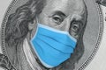 Global Financial CrisisConcept. Benjamin Franklin With Medical Face Mask on a Hundred Dollar Bill. 3d Rendering