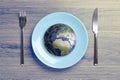 Global food crisis concept. Globe of Earth in plate and cutlery on wooden table, flat lay