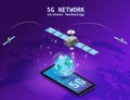 Global 5G internet network satellite communication. Satellites flying orbital upon Earth wireless technology smartphone