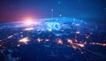 Global 5G network connectivity visualization orbiting the Earth at night showing a futuristic digital mesh of glowing nodes and Royalty Free Stock Photo