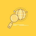 global, globe, magnifier, research, world Flat Line Filled Icon. Beautiful Logo button over yellow background for UI and UX, Royalty Free Stock Photo