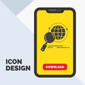 global, globe, magnifier, research, world Glyph Icon in Mobile for Download Page. Yellow Background