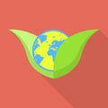 Global green leaf protect icon, flat style