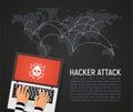 Global hacker attack world map vector illustration. World internet security in danger dark background in flat design. Hybrid