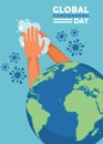 Global handwashing day lettering with covid19 particles and earth planet Royalty Free Stock Photo